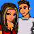 Pixelated cartoon-style icon showing two characters with text labels and dates on a blue background.