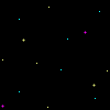 Black background with scattered cyan, yellow, and purple star-like shapes; gray rectangle in bottom-right corner.