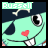 Pixelated cartoon character with light green face, red heart-shaped nose, and dark blue hat featuring white crossbones.