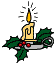 Two identical pixel-art candle icons with holly and berries on a gray background, each showing a yellow flame with black spark lines.