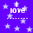 Purple background with white stars and repeated 'I love' text in pixelated font, arranged in a pattern