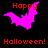 Pixelated pink bat icon with red text 'Happy' and 'Halloween!' on black background, showing two distinct wing positions in animation.