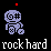 Pixelated purple figure with spiral and hashtag eyes, red square above head, white text 'rock hard' below on black background.