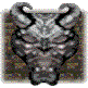 Pixelated devil icon with horns and glowing eyes, transitioning from dark gray to yellow-orange illumination across its face.