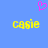Blue background with yellow text 'Casie' on left and right, pink pixelated heart above center.