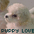 Pixelated image of a light-colored dog with large dark eyes and a blurred background, featuring dark green text reading 'PUPPY LOVE' at the bottom.
