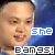 A 50x50 pixel animated contact sheet showing two frames of a cartoon-style image with a person's face, blue background, and pixelated text reading "she" above "bangs!" in white and blue letters.