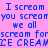 Pixelated text repeats 'I scream you scream we all scream for ICE CREAM' across four color-blocked quadrants with blue lettering on pink, light blue, cyan, and pale blue backgrounds.