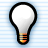 Pixelated light bulb icon with black outline, white glass body, and orange-yellow base on blue striped background.