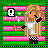 Pixel art of a blonde character with closed eyes, wearing a white crop top and black checkered shorts, standing against a green and pink striped background with white stars.