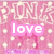 Pink background with white polka dots and large outlined 'PINK' text, featuring 'love' in pink box and 'pink' in white letters on pink rectangle.