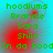 Green text on cyan background with red pixel clusters; four identical arranged in a , each containing the same repeated names and phrase