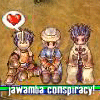Three pixelated characters sit in a on a brown background with a red heart icon above the leftmost character, text below reading 'jawanma conspiracy!' in blue and white