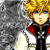 Pixelated anime-style character with spiky blonde hair and blue eyes, wearing a white and red outfit with black accents, against a gray textured background.
