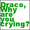 Green text asks 'Draco, why are you crying?' above a cartoon character with purple eyes and green clothing holding up pants showing a white snake symbol.