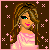 Pixelated avatar with long brown hair, pink dress, and teal eyes; background has small white crosses on dark brown. The head turns left to right across frames.