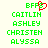 Green pixelated text 'BFFS', 'CAITLIN', 'ASHLEY', 'CHRISTEN', and 'ALYSSA' on a light background with red heart symbol above first 'BFFS'.