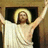 Pixelated image of a figure with raised arms and halo, split into four quadrants with text overlays.