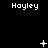 Black background with white pixelated text 'Hayley' repeated across three , each containing a distinct animated symbol above the text