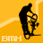 Six of a pixelated animation showing a BMX rider performing tricks against an orange background with white geometric shapes