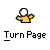A yellow figure with a white head performs a page-turning motion , with text below reading "Turn Page" in a pixelated font