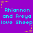 Purple background with cyan text repeating 'Rhiannon and Freya love Sheep' in a , surrounded by yellow and brown star-shaped pixel decorations