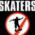 Black background with white text 'SKATERS' above a red prohibition symbol containing a black silhouette of a skateboarder.