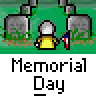 Animated contact sheet showing six frames of a Memorial Day-themed buddy icon with a stick figure holding a flag near gravestones.