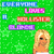 Pixelated green background with blue, pink, orange, and purple text blocks above a blonde woman's head in white top.