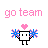Two side-by-side animated pixel art icons featuring a square-headed character with stick legs, each holding star-shaped pom-poms and displaying "go team" text above them.