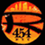 A circular orange icon with a black silhouette of a person holding an object, the number 454, and city skyline at top; five rectangular portrait icons below it on black background.