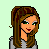 Pixel art of a female character in gray AF shirt and blue jeans with green eyes, brown hair tied back, standing against light green background.