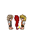 Animated sequence showing two characters with curly hair interacting with a red flame-like object that grows into a large fire, followed by a figure with gray hair and two smaller figures standing near a table with white objects.