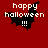 Red background with white text 'happy halloween !!!' and a black bat silhouette in three different poses.