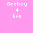 Pixelated text 'Geeboy' and 'life' with number '4', alternating cyan background blocks on pink backdrop.