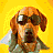 A dog in six distinct poses and outfits against solid-colored backgrounds, each with unique accessories and expressions.