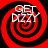Four identical red and black spiral patterns with white text reading "GET DIZZY" arranged in a on a solid black background