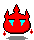 Red pixelated flame-shaped character with cyan eyes and red earrings, shown in six sequential animation frames against a gray background.