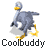 Animated contact sheet of a gray ostrich mascot running across 8 frames with yellow beak and legs, each frame labeled "Coolbuddy" below the character.