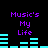 Purple text 'Music's My Life' appears above cyan audio equalizer bars on a black background, with two identical static frames showing different bar patterns.