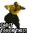 identical pixelated figures in yellow shirts and black pants performing a dance pose with text "CAN'T TOUCH THIS!" below each figure