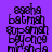 Purple background with white horizontal stripes and black text reading 'ascha batman superman bayonce miranda' in a distorted, overlapping style.