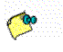 Yellow notepad with teal pushpin, rotating clockwise on white background with faint multicolored dots.