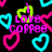 Neon-style heart outlines in cyan and magenta on black background with pink text phrases like "love coffee" and "i love me".