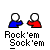 Two pixelated figures in blue and red shirts shake hands under 'Rock'em Sock'em' text on a gray background.