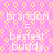 Pixelated pink background with yellow circular patterns and repeated white text reading "brandon = bestest buddy" in four identical sections.