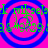 Four identical circular icons with blue concentric rings on a pink background, each containing green text and a small gray symbol.