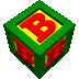 Green cube with red 'B' on yellow face, rotating in a of identical cubes against gray background