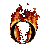 Five pixelated fire animations form a circular shape against gray background, each frame showing distinct flame positions and intensity variations.