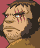 Pixelated character with brown hair and beard, red streaks on face, brown clothing, pink background, eyes open then closed then open again.